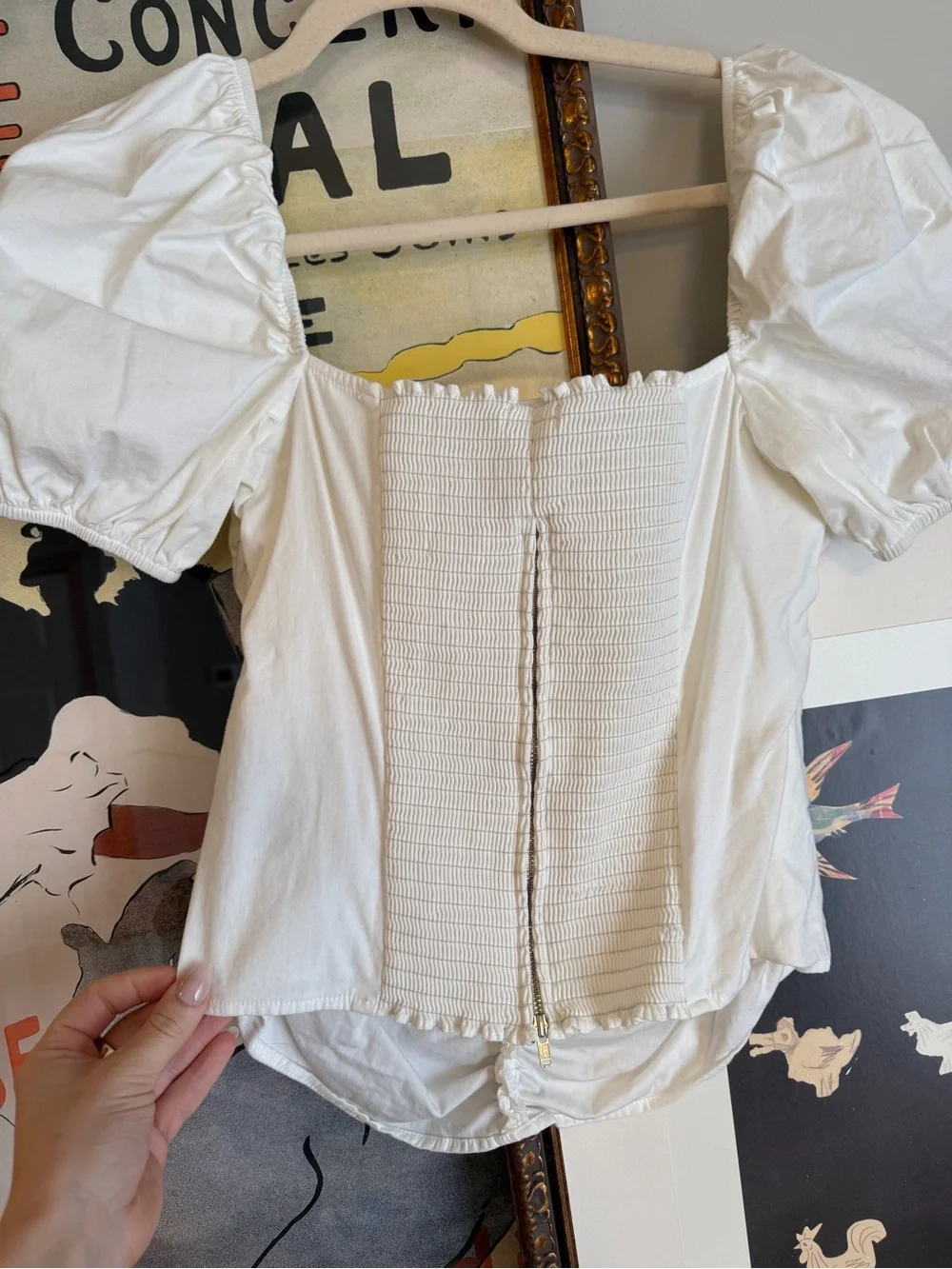 Reformation White Ruched Puff-Sleeve Top